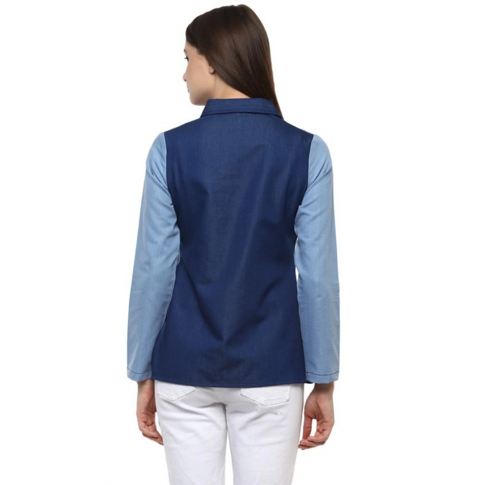 Generic Women's Denim Patch Work Long Sleeves Regular Top (Blue) - Image 2