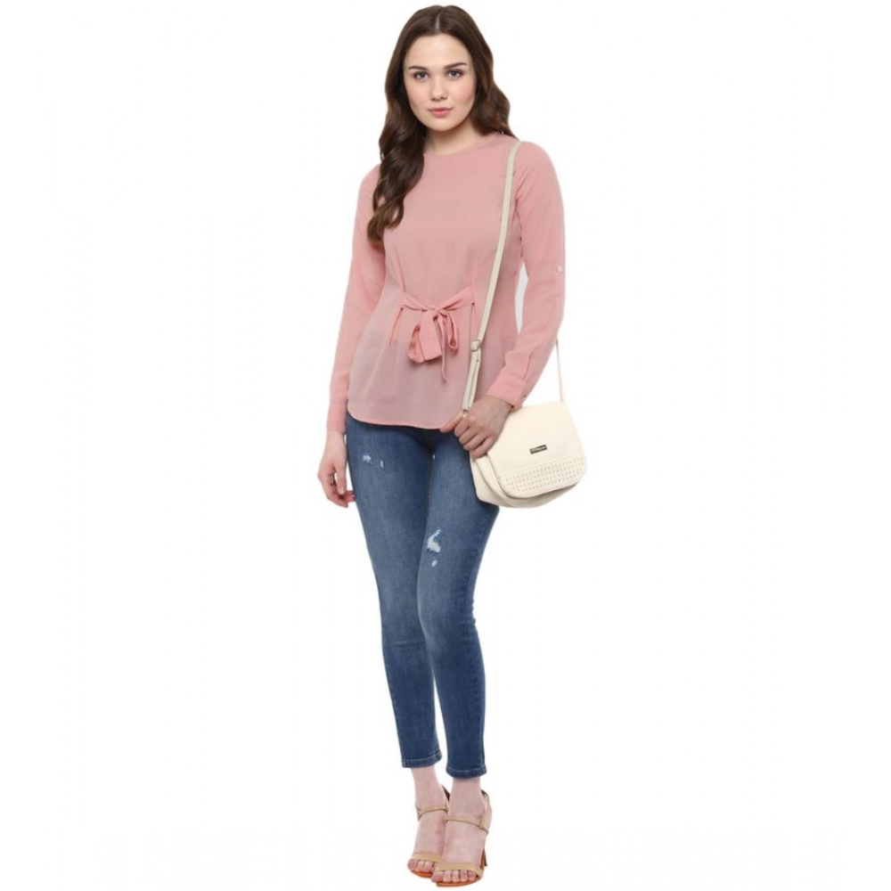 Generic Women's Polyester Solid Long Sleeves Regular Top (Pink) - Image 3