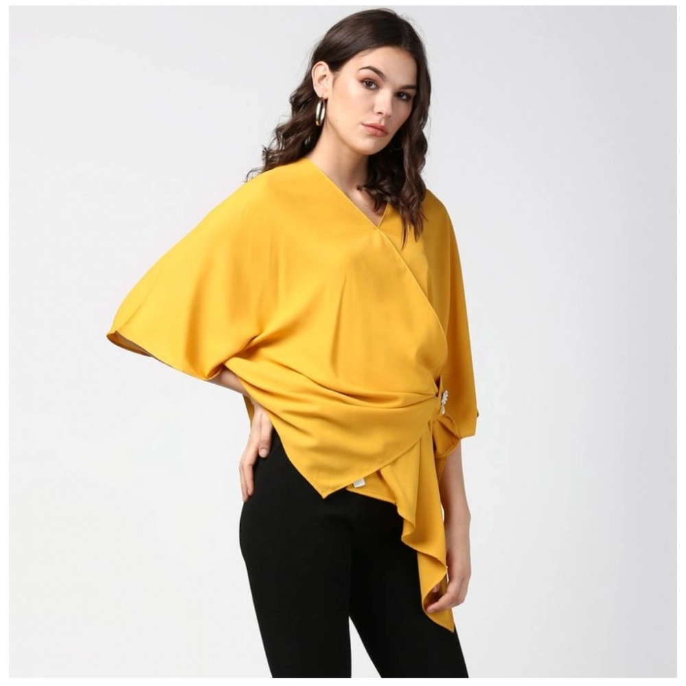Generic Women's Polyester Solid Cape Sleeve Top (Yellow) - Image 5