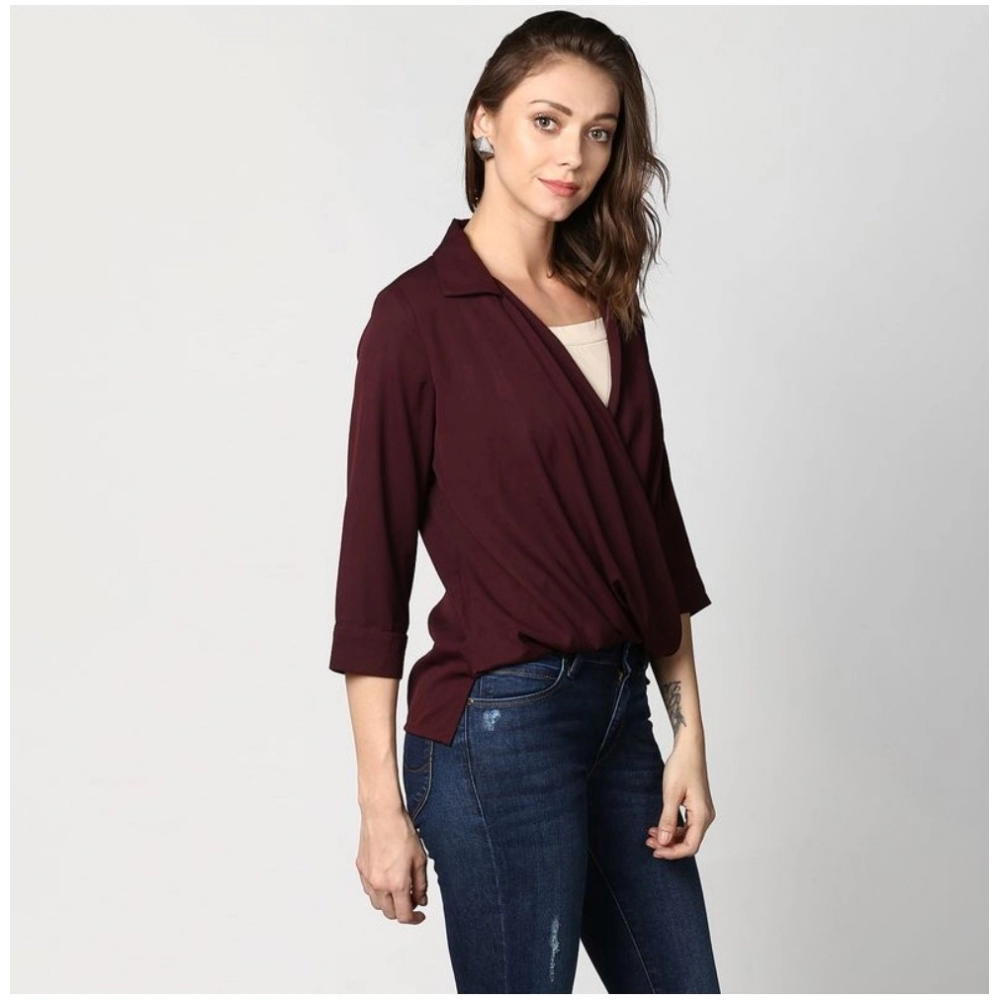 Generic Women's Polyester Solid 3-4th Sleeves Top (Maroon) - Image 5