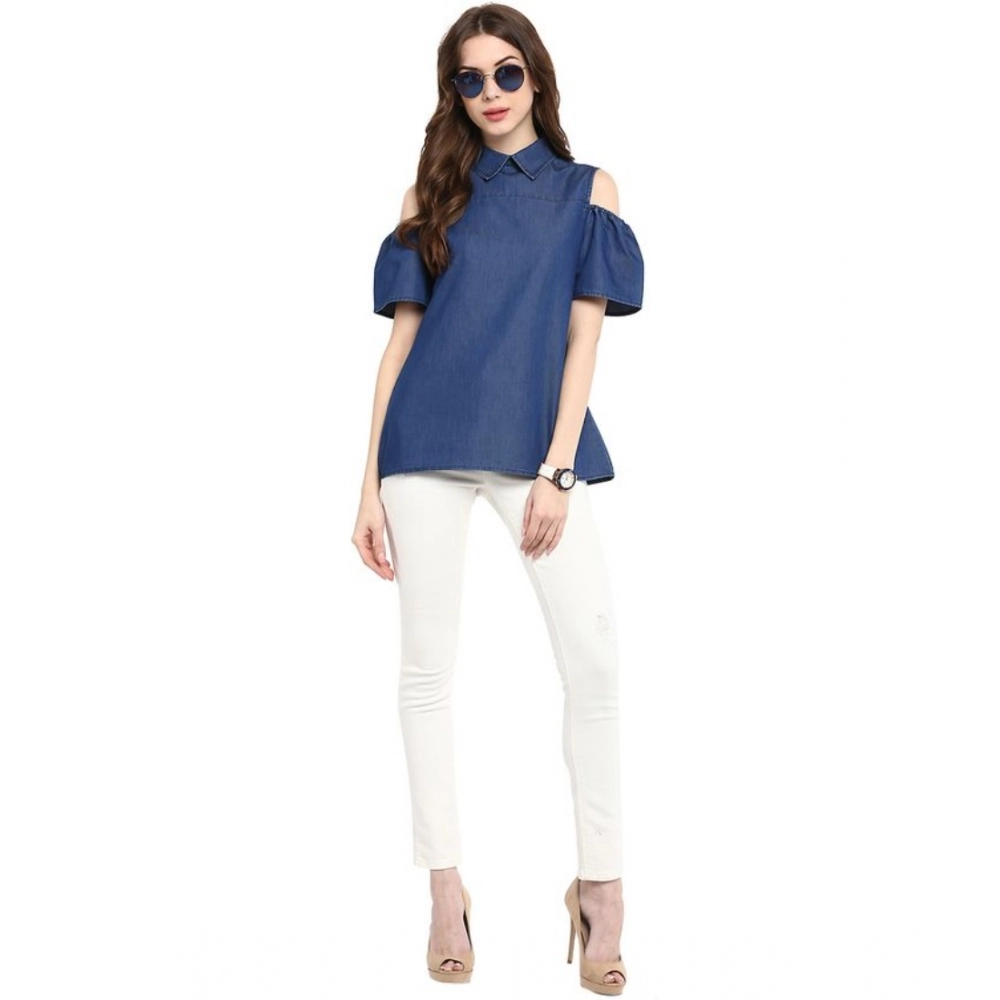 Generic Women's Denim Solid Cold Shoulder Regular Top (Blue) - Image 3