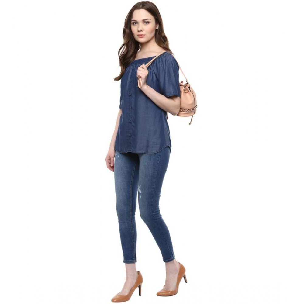 Generic Women's Denim Solid Short Sleeve Regular Top (Blue) - Image 2
