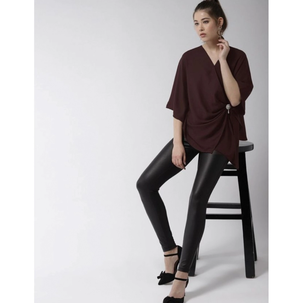 Generic Women's Polyester Solid Cape Sleeve Top (Maroon) - Image 2