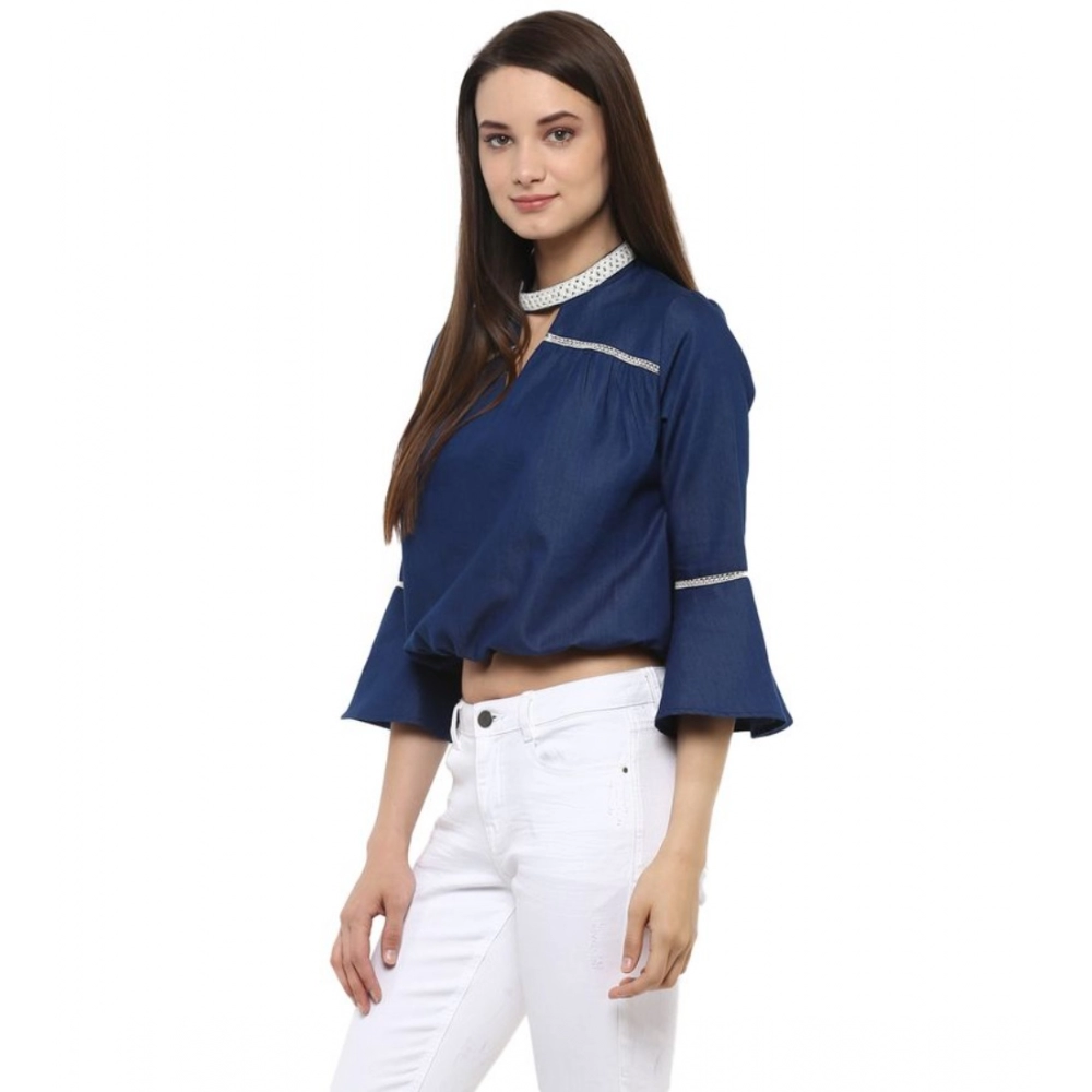 Generic Women's Polyester Solid Bell Sleeve Regular Top (Blue) - Image 5