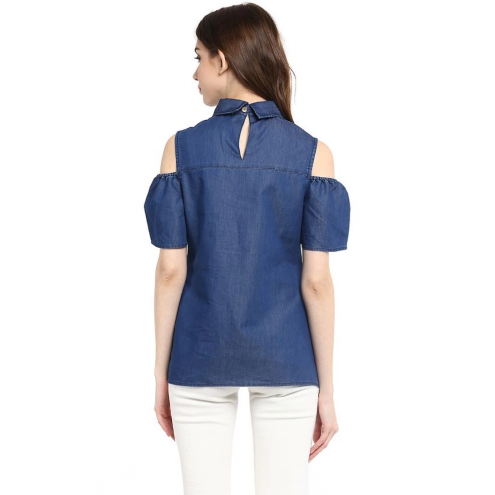 Generic Women's Denim Solid Cold Shoulder Regular Top (Blue) - Image 2