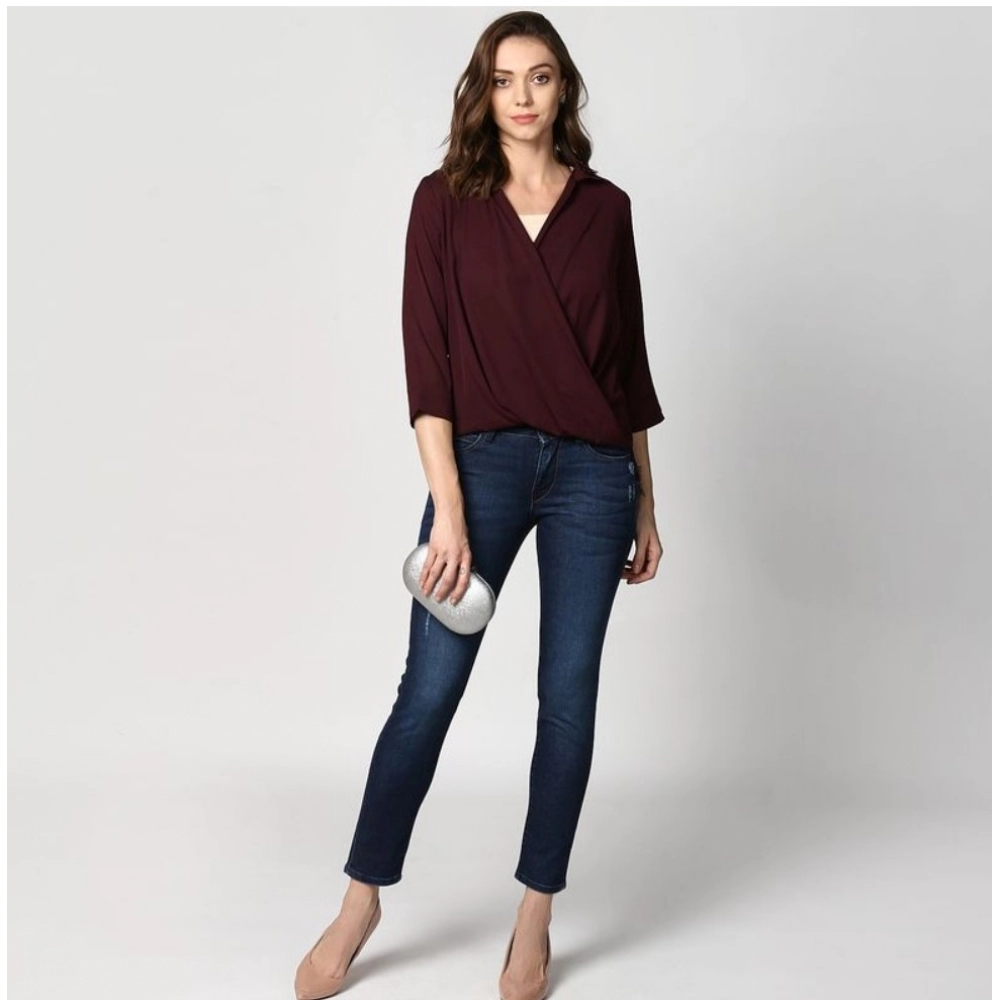 Generic Women's Polyester Solid 3-4th Sleeves Top (Maroon) - Image 3