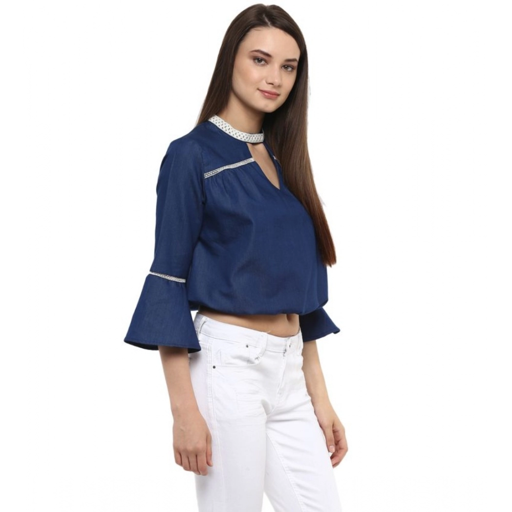 Generic Women's Polyester Solid Bell Sleeve Regular Top (Blue) - Image 3