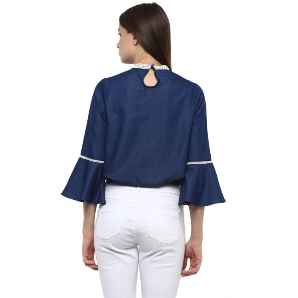 Generic Women's Polyester Solid Bell Sleeve Regular Top (Blue) - Image 2