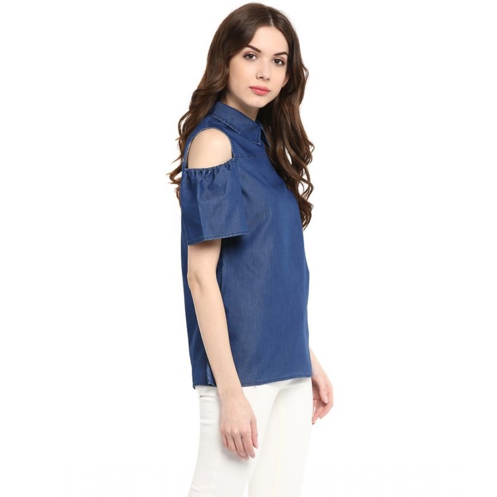 Generic Women's Denim Solid Cold Shoulder Regular Top (Blue) - Image 5
