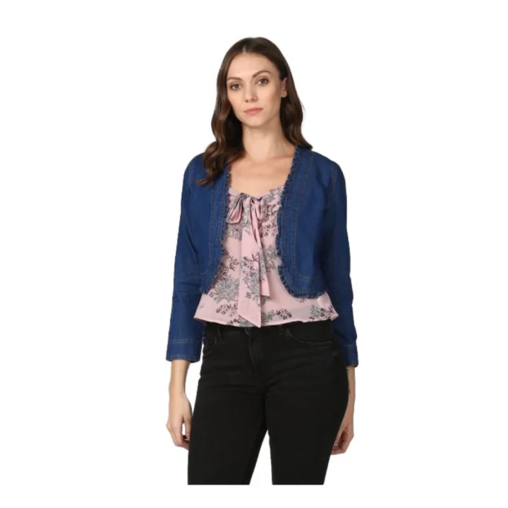 Generic Women's Denim Ruffled Long Sleeves Shrug (Navy Blue)
