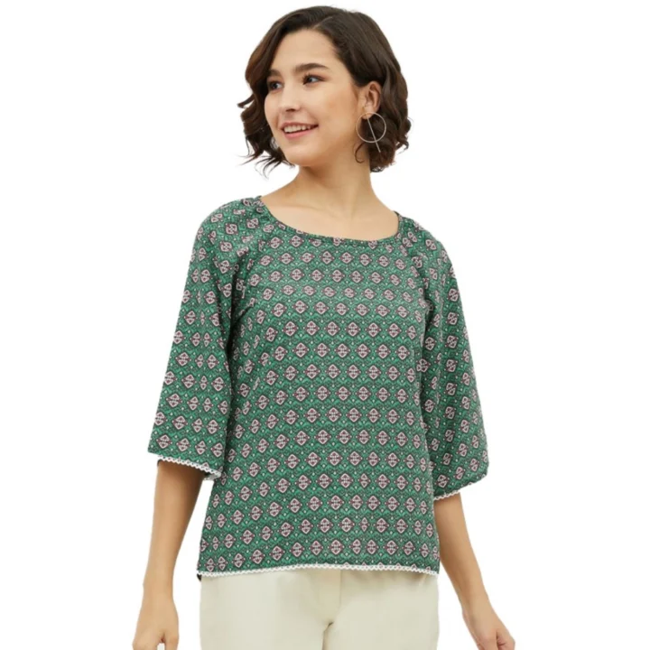 Generic Women's Polyester Printed 3-4th Sleeves Top (Green)