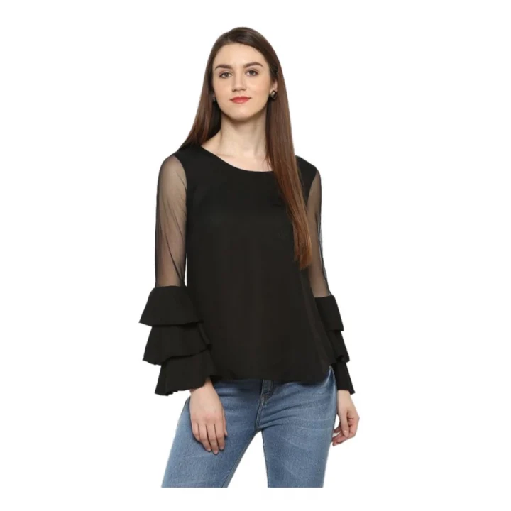 Generic Women's Polyester Solid Tier Sleeve Top (Black)