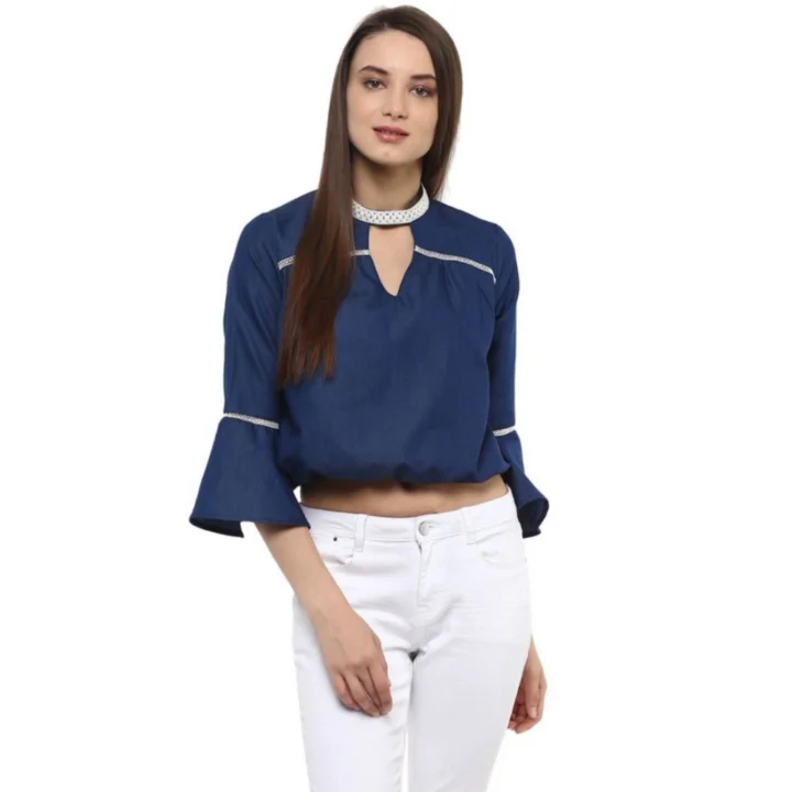 Generic Women's Polyester Solid Bell Sleeve Regular Top (Blue)