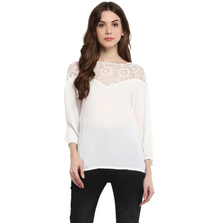 Generic Women's Polyester Georgette Self Design 3-4th Sleeves Regular Top (White)