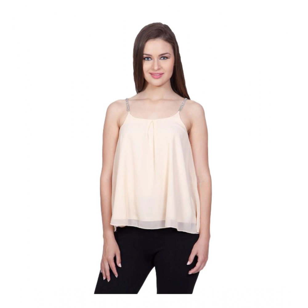 Generic Women's Polyester Solid Shoulder Straps Regular Top (Beige)