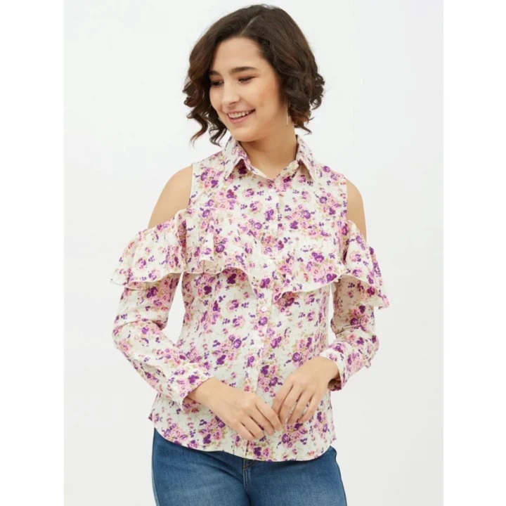 Generic Women's Polyester Floral Cold Shoulder Standard Length Shirt (White)