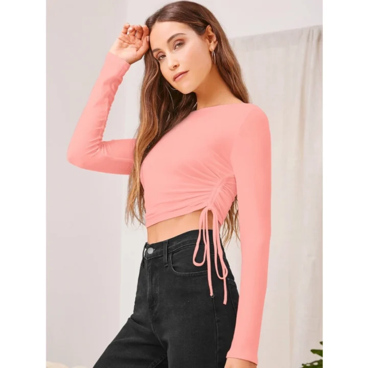 Generic Women's Polyester Solid Round Neck Full Sleeve Top (Peach)