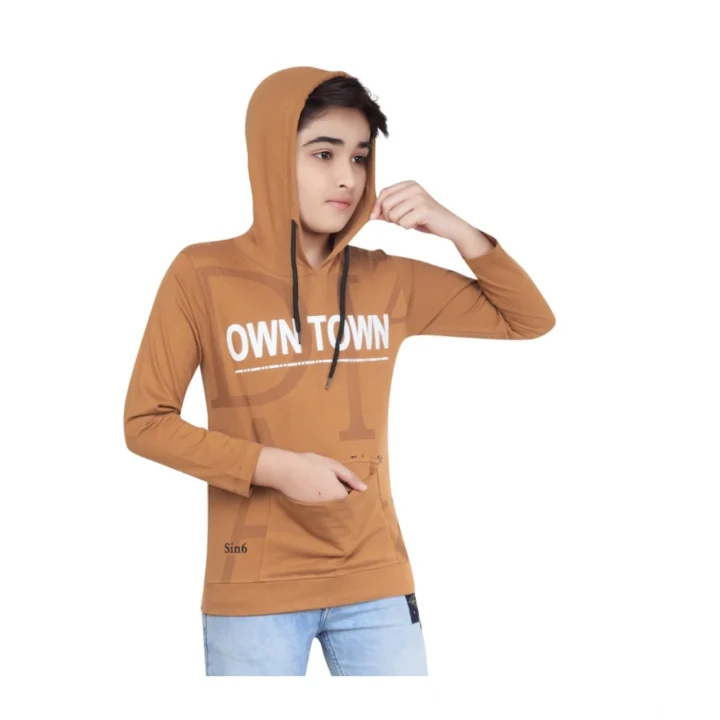 Generic Boy's Cotton Printeded Hooded Neck Hoodies (Brown)