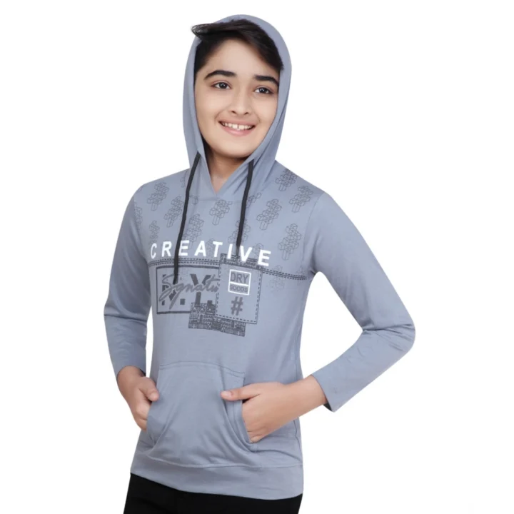 Generic Boy's Cotton Printeded Hooded Neck Hoodies (Steel Blue)
