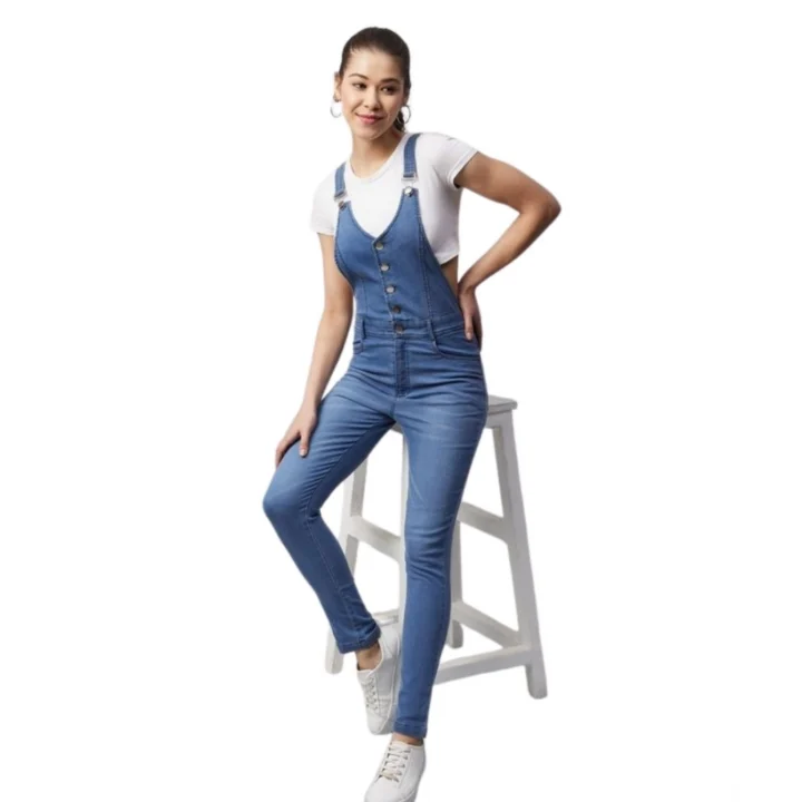 Generic Women's Denim Lycra Solid Buttoned Dungaree (Ice Blue)