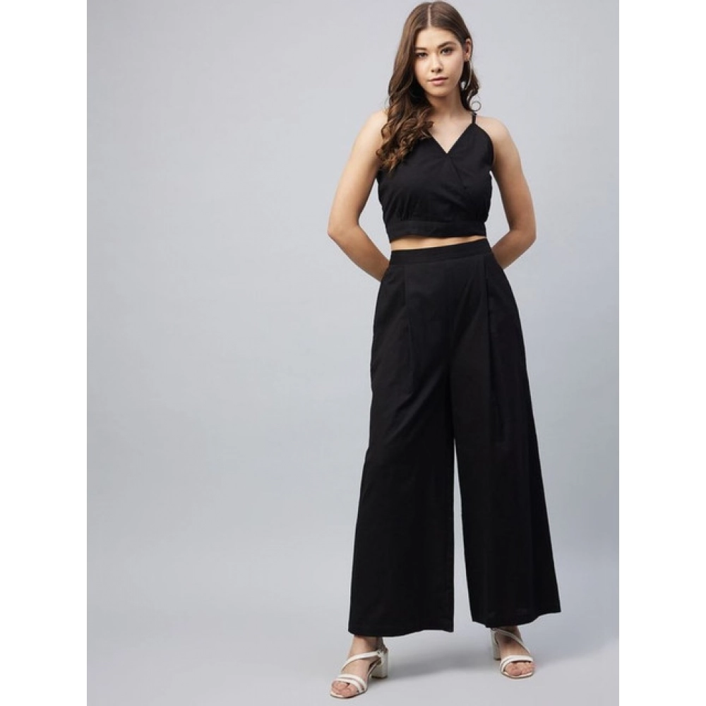 Generic Women's Cotton Linen Solid Sleeveless Crop Top and Palazzo Set (Black) - Image 2