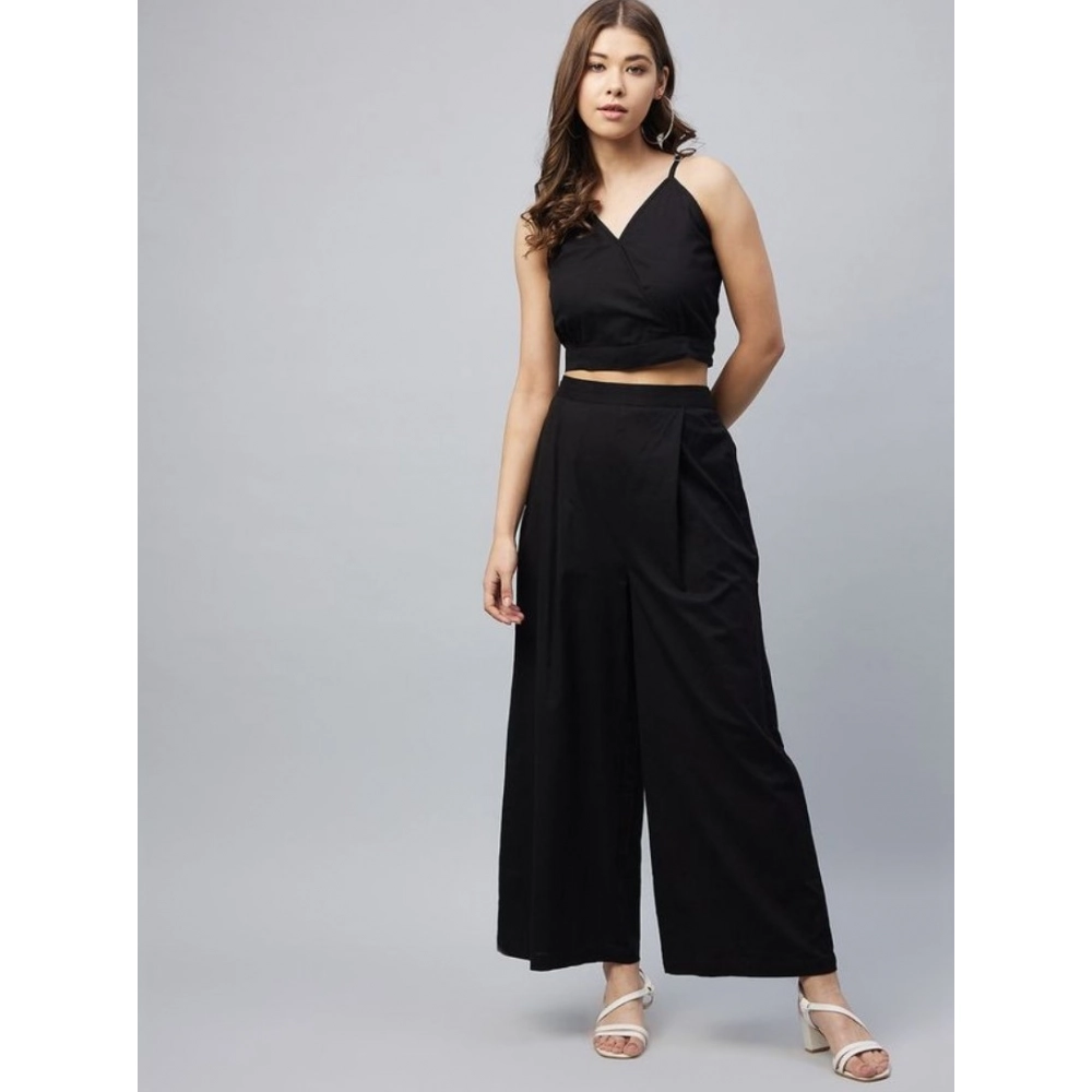 Generic Women's Cotton Linen Solid Sleeveless Crop Top and Palazzo Set (Black) - Image 3