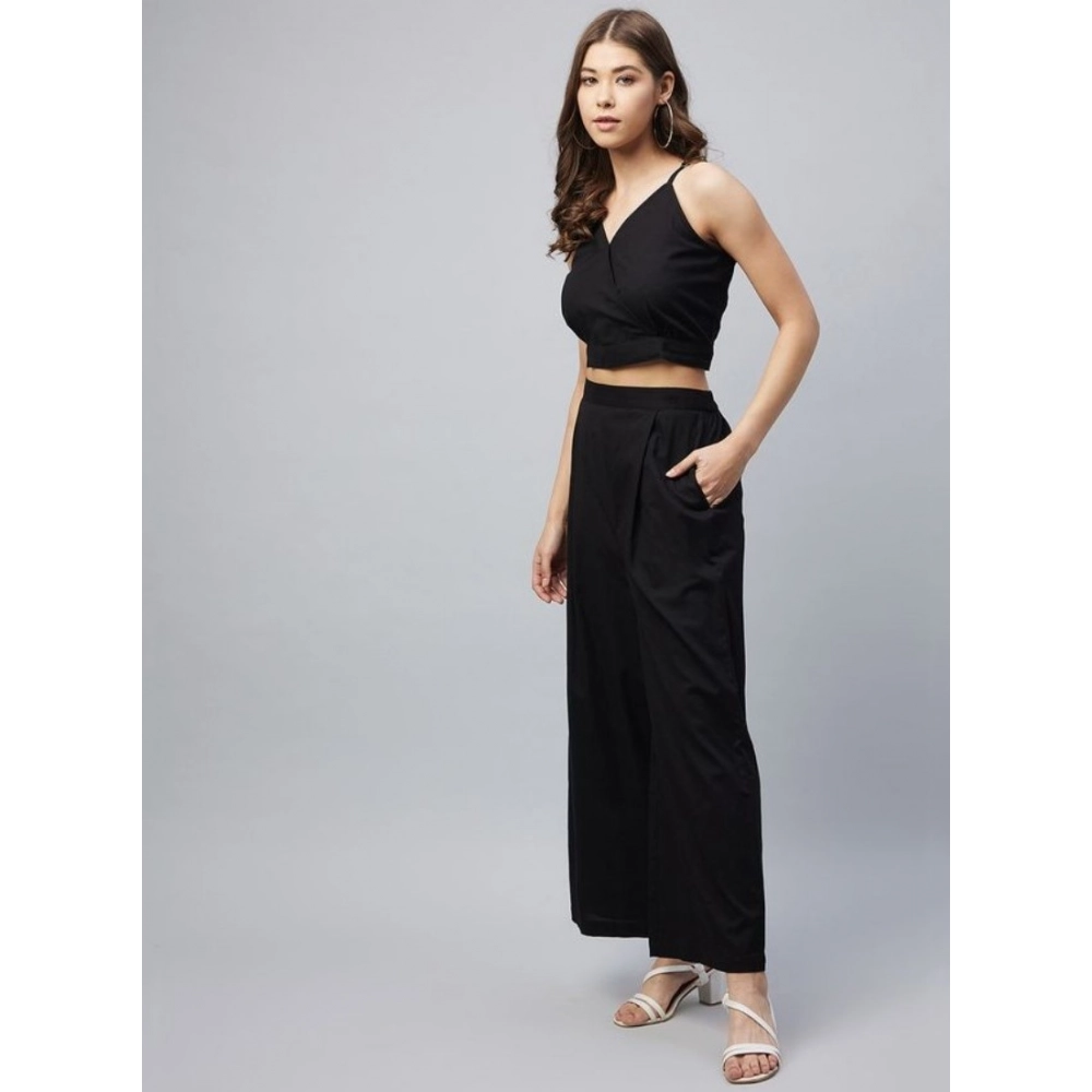Generic Women's Cotton Linen Solid Sleeveless Crop Top and Palazzo Set (Black) - Image 4