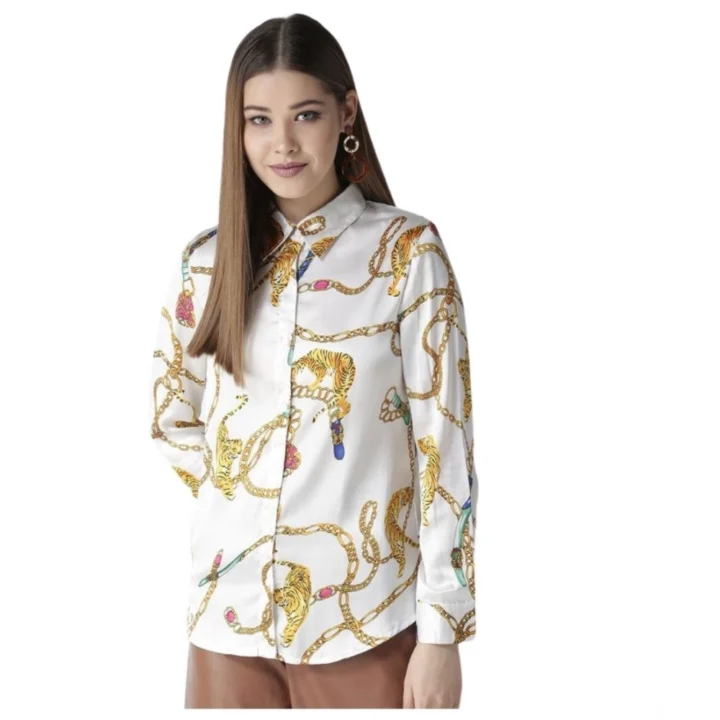 Generic Women's Satin Printed Long Sleeves Shirt (White-Gold)