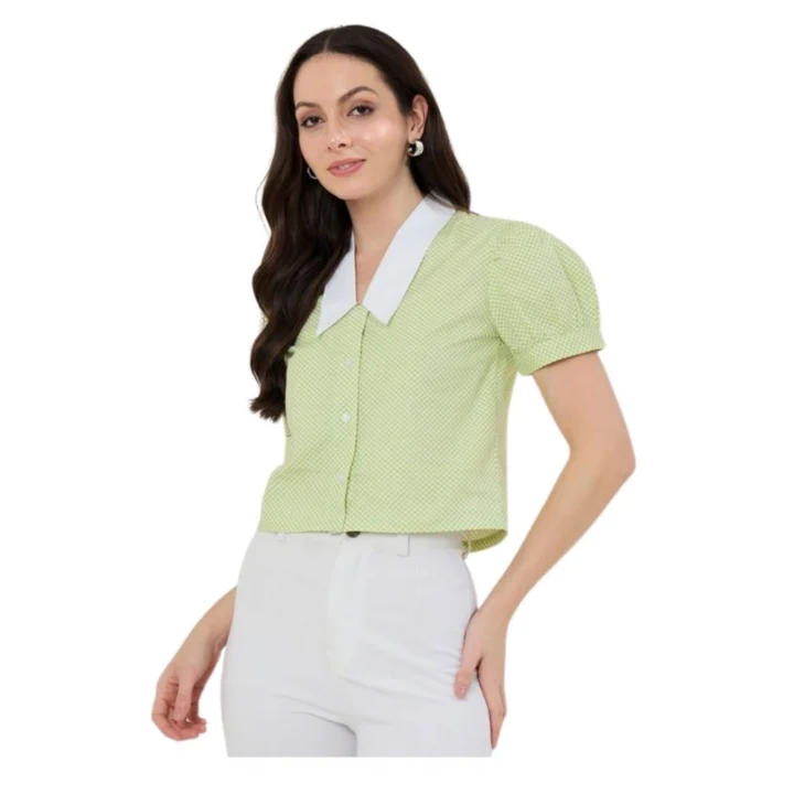 Generic Women's Cotton Striped Half Sleeve Shirt (Green - White)