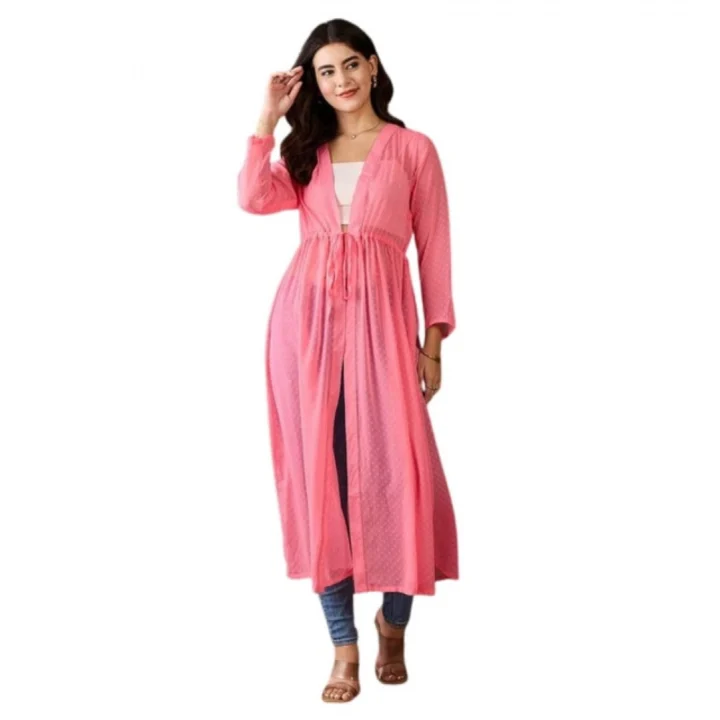 Generic Women's Chiffon Self Design Long Sleeves Shrug (Pink)