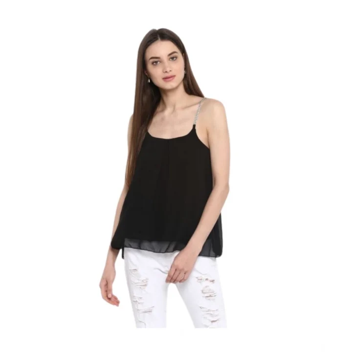 Generic Women's Polyester Embellished Shoulder Straps Top (Black)