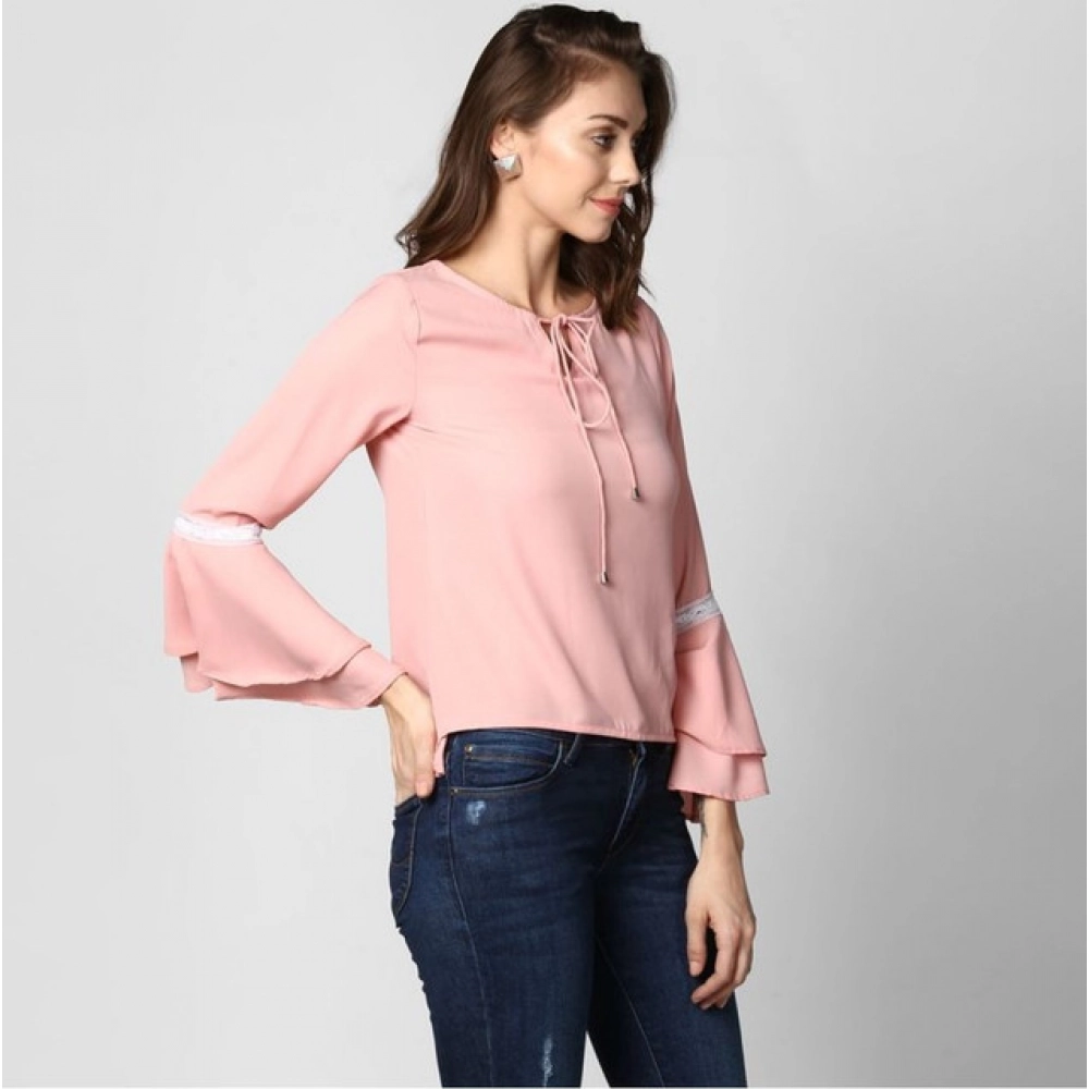 Generic Women's Polyester Solid Bell Sleeve Top (Pink) - Image 4