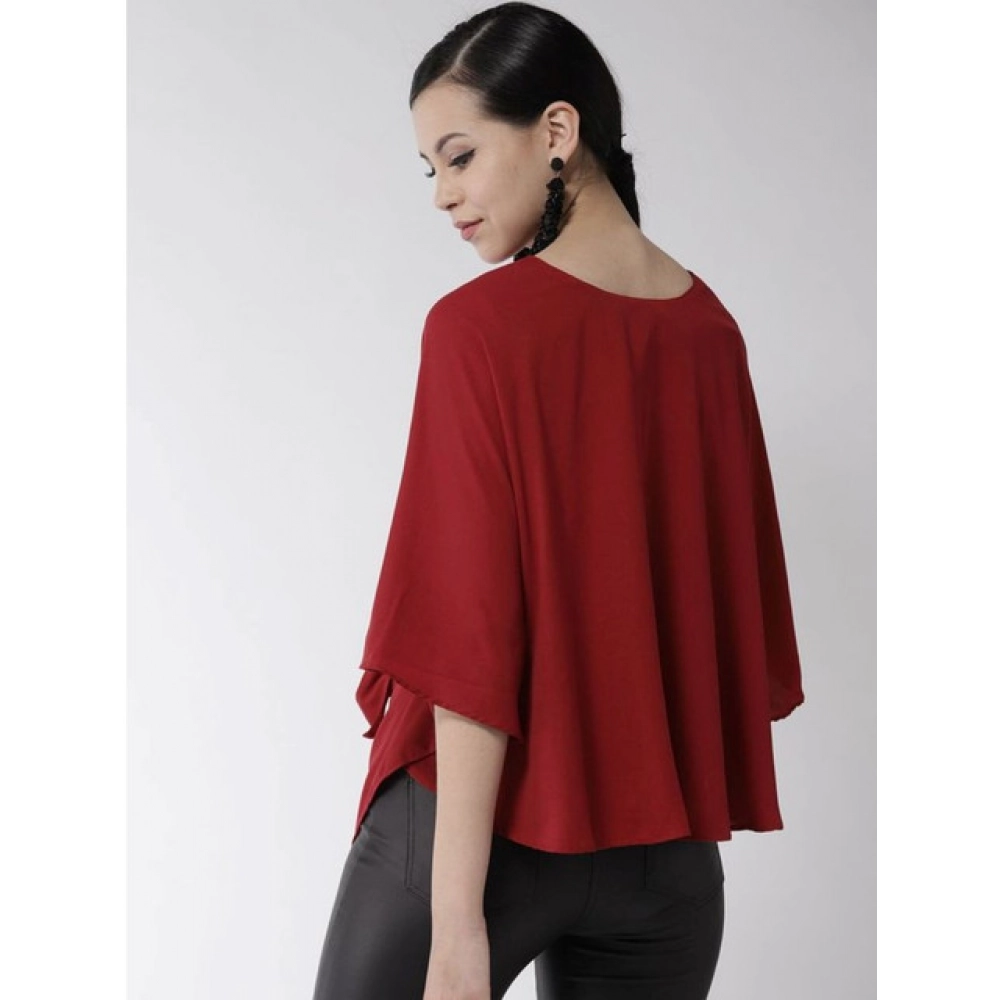 Generic Women's Polyester Solid Cape Sleeve Top (Red) - Image 2