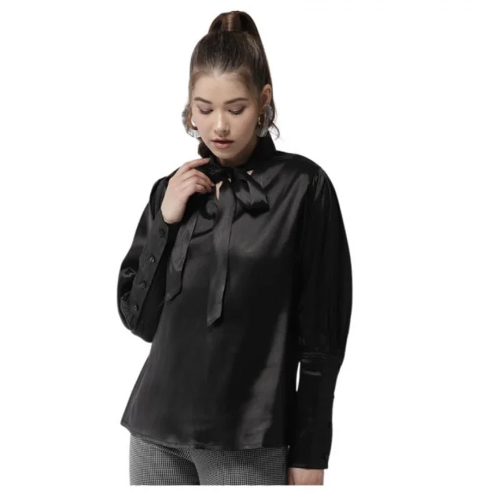 Generic Women's Polyester Solid Long Sleeves Top (Black)