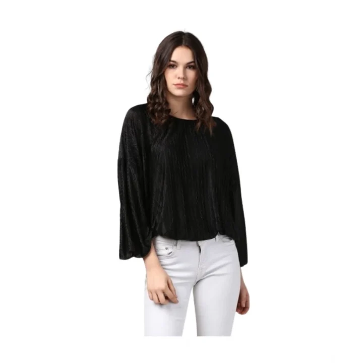 Generic Women's Polyester Pleated Balloon Sleeve Top (Black)