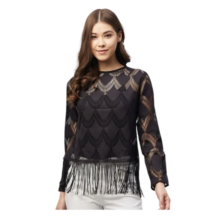 Generic Women's Lace Self Design Short Sleeve Top (Black)