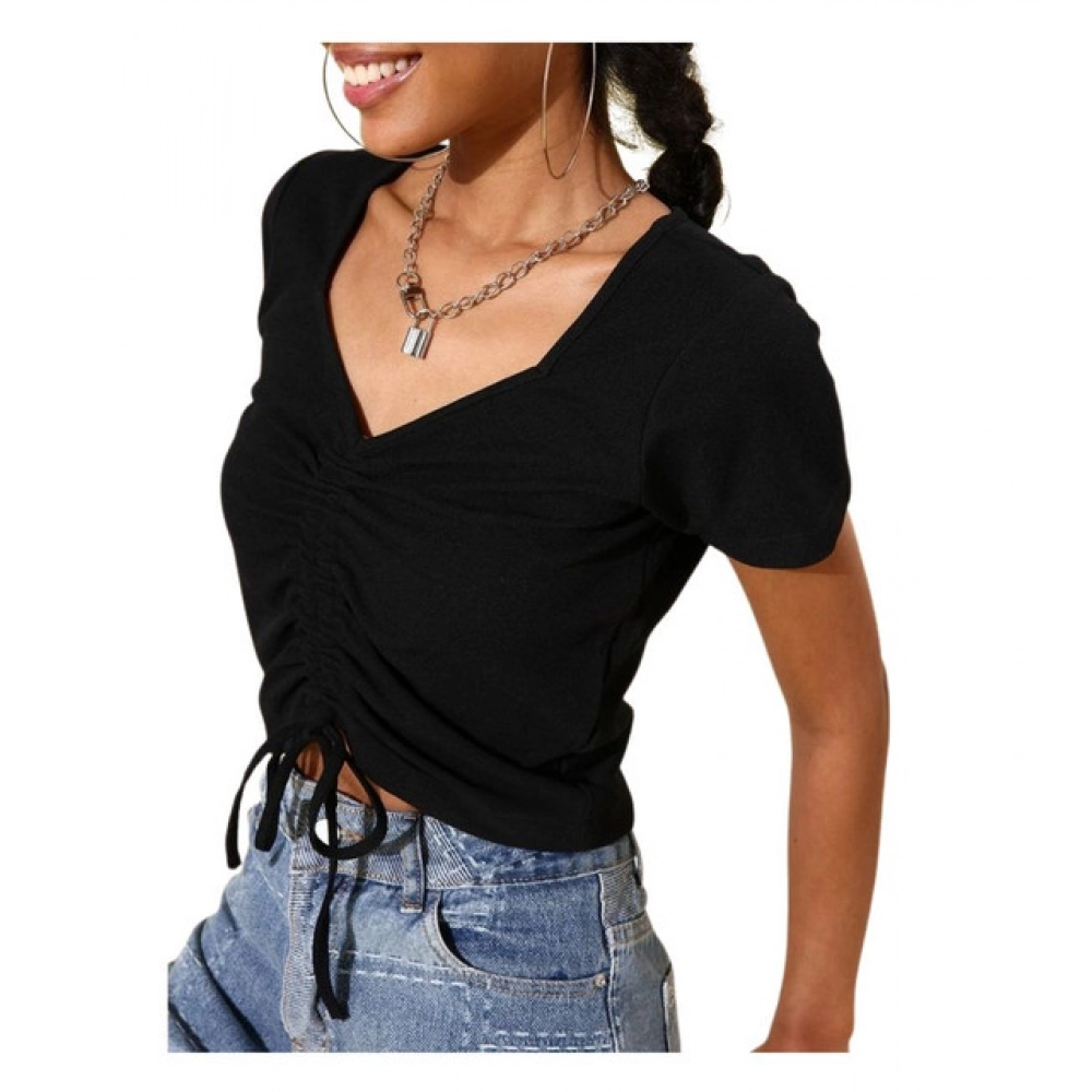 Generic Women's Polyester Lycra Solid Short Sleeve Top (Black)
