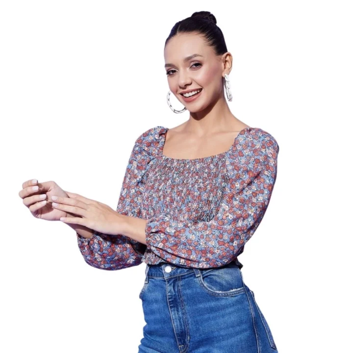 Generic Women's Polyester Floral Long Sleeves Top (Multicolor)