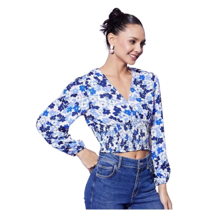 Generic Women's Polyester Floral Long Sleeves Top (Blue)