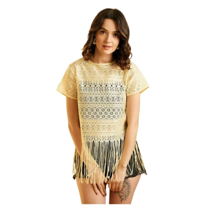 Generic Women's Polyester Lace Self Design Short Sleeve Top (Yellow)