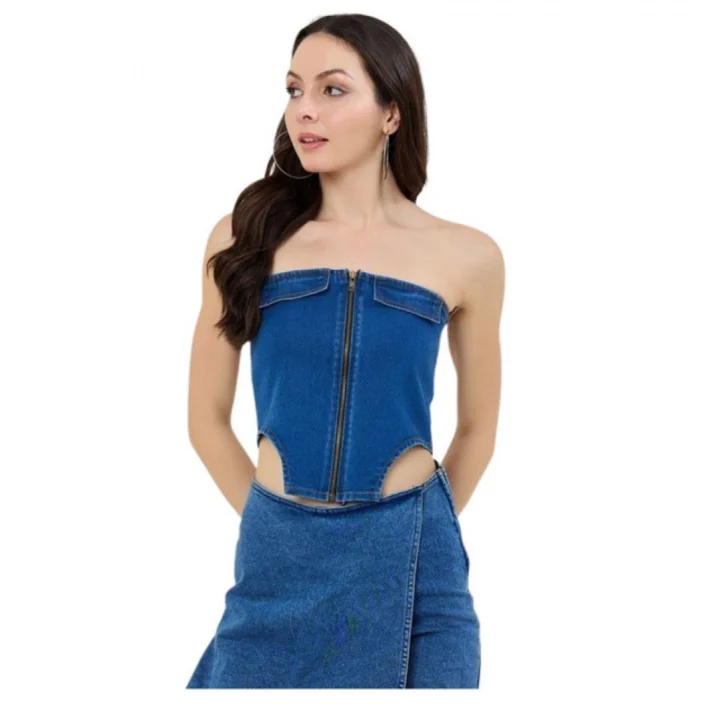 Generic Women's Denim Lycra Solid Sleeveless Top (Blue)