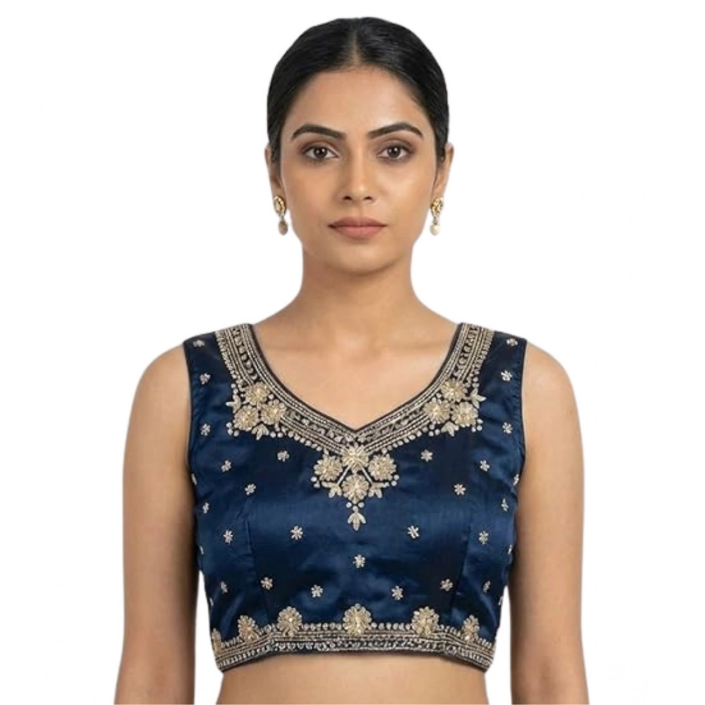 Generic Women's Silk Embroidered V-Neck Sleeveless Readymade Padded Blouse (Blue, Size 38) - Image 2