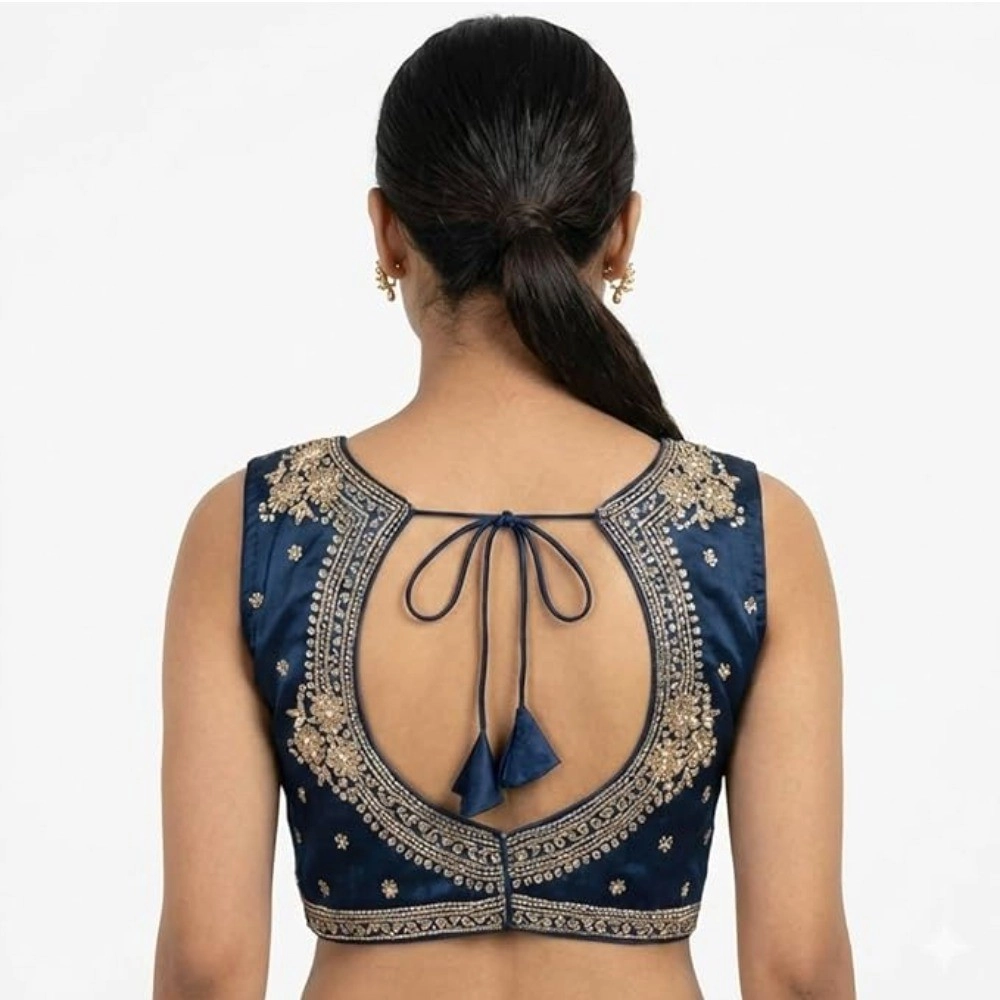Generic Women's Silk Embroidered V-Neck Sleeveless Readymade Padded Blouse (Blue, Size 38) - Image 3