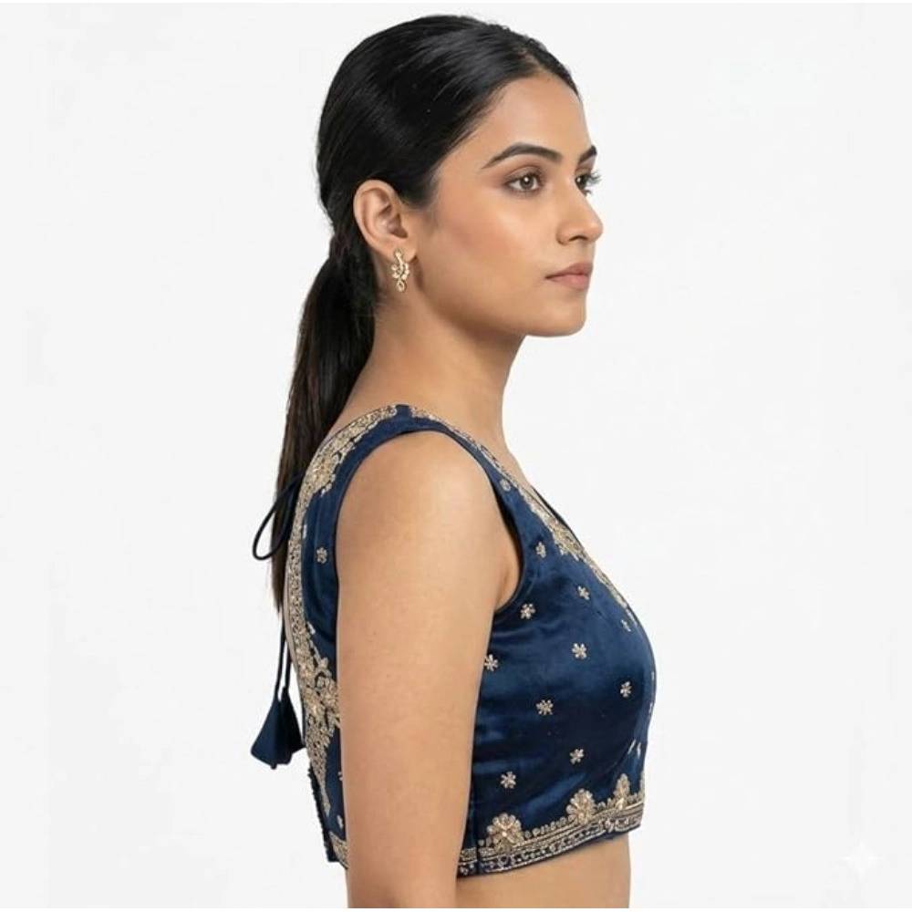 Generic Women's Silk Embroidered V-Neck Sleeveless Readymade Padded Blouse (Blue, Size 38) - Image 4