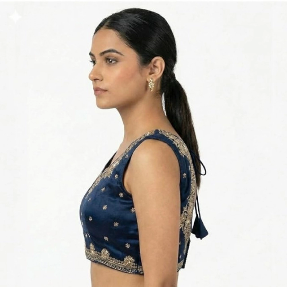 Generic Women's Silk Embroidered V-Neck Sleeveless Readymade Padded Blouse (Blue, Size 38) - Image 5