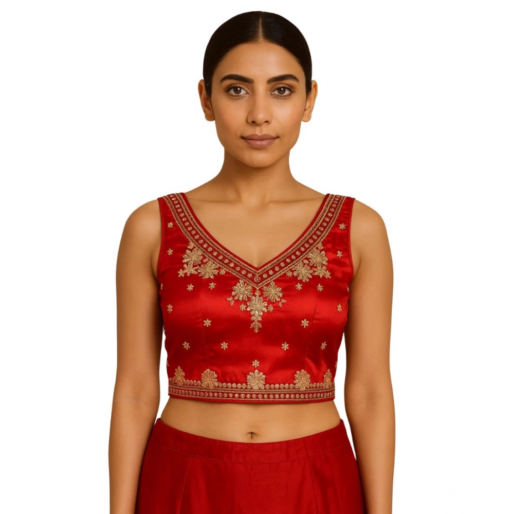 Generic Women's Silk Embroidered V-Neck Sleeveless Readymade Padded Blouse (Red, Size 38) - Image 2