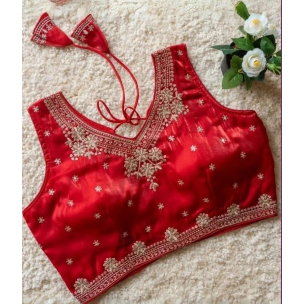 Generic Women's Silk Embroidered V-Neck Sleeveless Readymade Padded Blouse (Red, Size 38) - Image 3